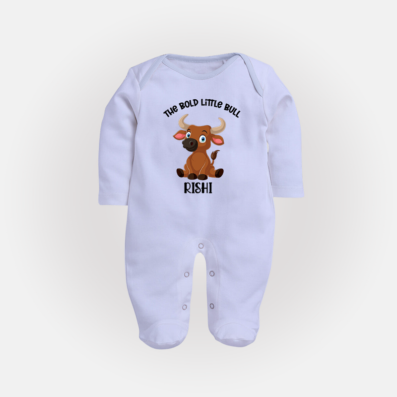 "The Bold Little Bull - Jallikattu Themed Customized Sleep Suit for Babies with Name" - BABY BLUE - New Born (Chest 7.5")