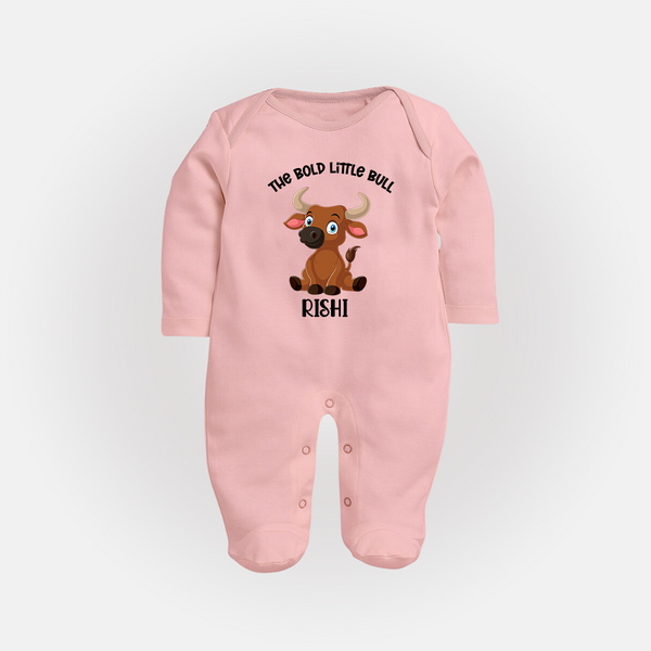 "The Bold Little Bull - Jallikattu Themed Customized Sleep Suit for Babies with Name" - BABY PINK - New Born (Chest 7.5")