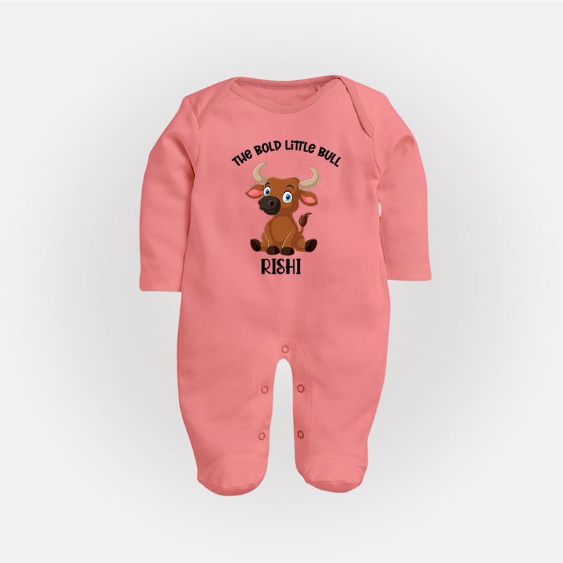 "The Bold Little Bull - Jallikattu Themed Customized Sleep Suit for Babies with Name" - PEACH - New Born (Chest 7.5")