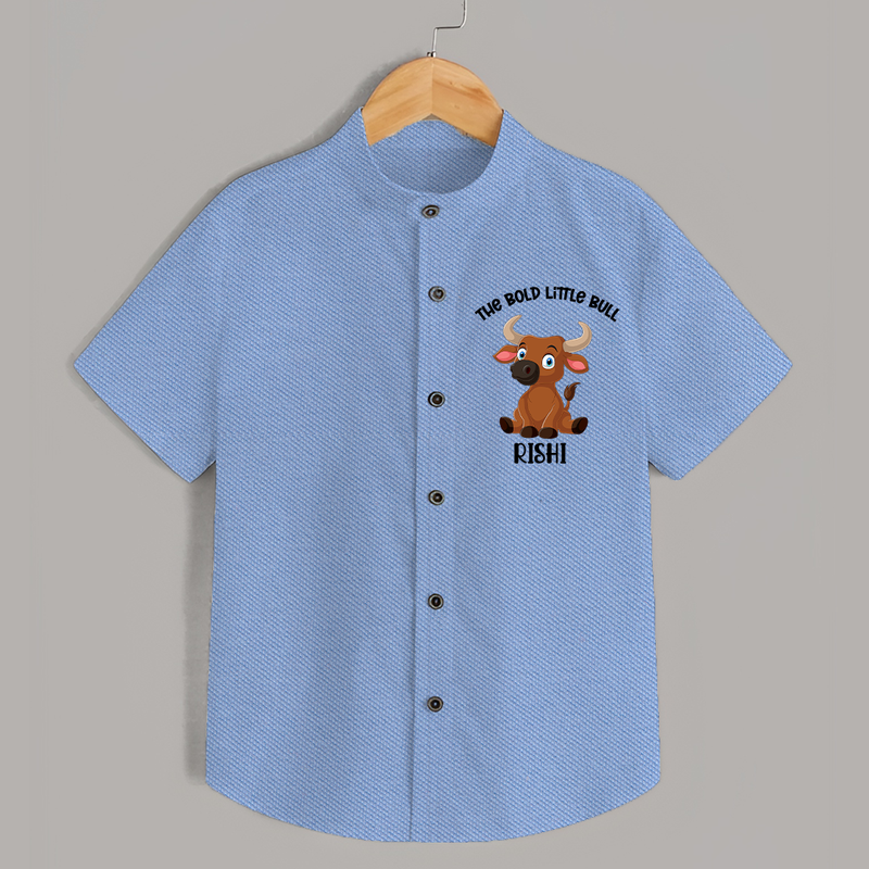 "The Bold Little Bull - Jallikattu Themed Customized Shirt for Kids with Name" - SKY BLUE - 0 - 6 Months Old (Chest 23")