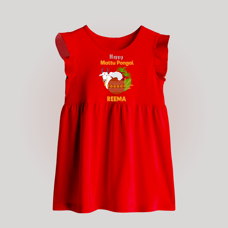 "Happy Mattu Pongal - Bull-Themed Customized Baby Frock for Babies with Name" - RED - 0 - 3 Months Old (Chest 17")