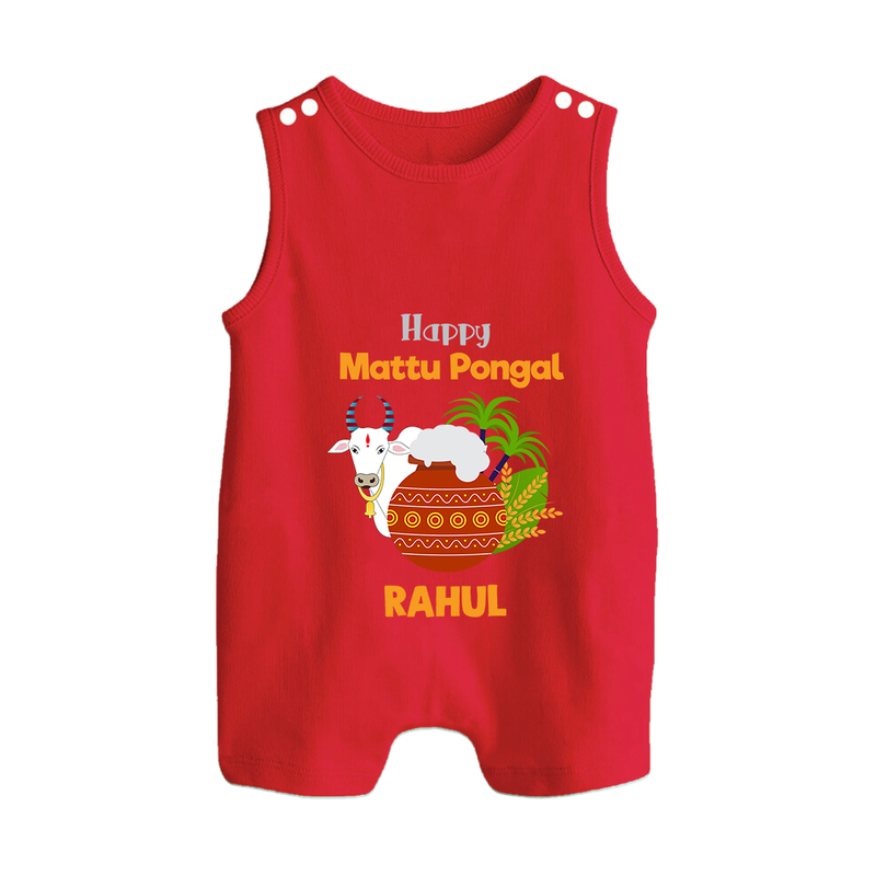 "Happy Mattu Pongal - Bull-Themed Customized Romper Suit for Babies with Name" - RED - 0 - 5 Months Old (Chest 18")