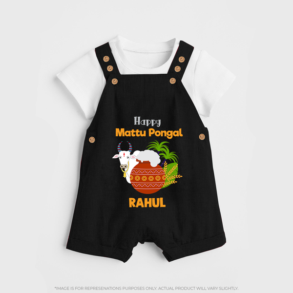 "Happy Mattu Pongal - Bull-Themed Customized Dungaree Set for Kids with Name" - BLACK - 0 - 5 Months Old (Chest 18")