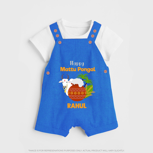 "Happy Mattu Pongal - Bull-Themed Customized Dungaree Set for Kids with Name" - COBALT BLUE - 0 - 5 Months Old (Chest 18")