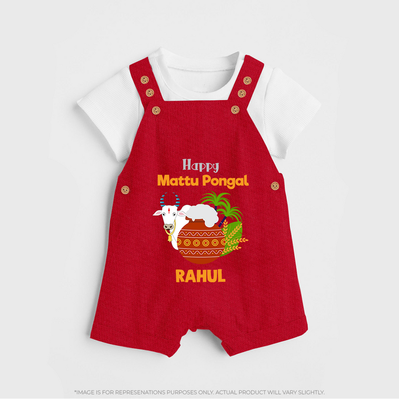 "Happy Mattu Pongal - Bull-Themed Customized Dungaree Set for Kids with Name" - RED - 0 - 5 Months Old (Chest 18")