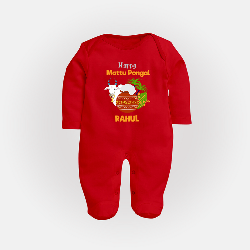 "Happy Mattu Pongal - Bull-Themed Customized Sleep Suit for Babies with Name" - RED - New Born (Chest 7.5")