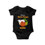 "Happy Mattu Pongal - Bull-Themed Customized Romper for Babies with Name" - BLACK - 0 - 3 Months Old (Chest 16")