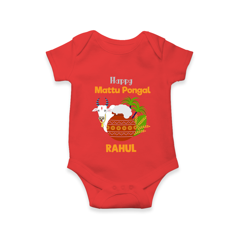 "Happy Mattu Pongal - Bull-Themed Customized Romper for Babies with Name" - RED - 0 - 3 Months Old (Chest 16")