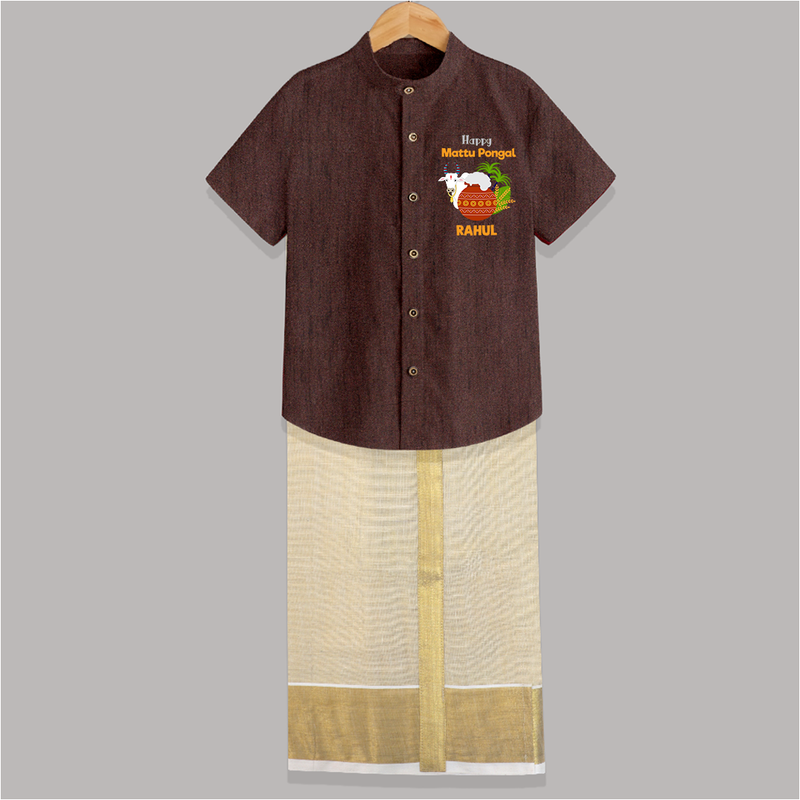 "Happy Mattu Pongal - Bull-Themed Customized Shirt and Dhoti for Boys with Name" - COFFEE BROWN - 0 - 6 Months Old (Chest-23") (Dhoti length-14")