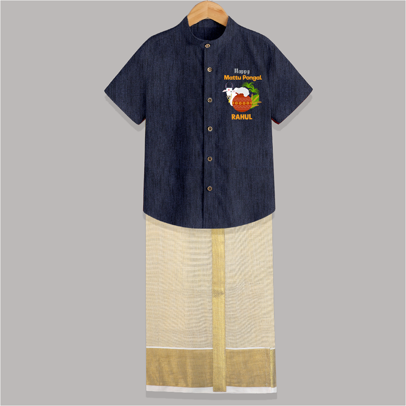 "Happy Mattu Pongal - Bull-Themed Customized Shirt and Dhoti for Boys with Name" - DARK BLUE - 0 - 6 Months Old (Chest-23") (Dhoti length-14")