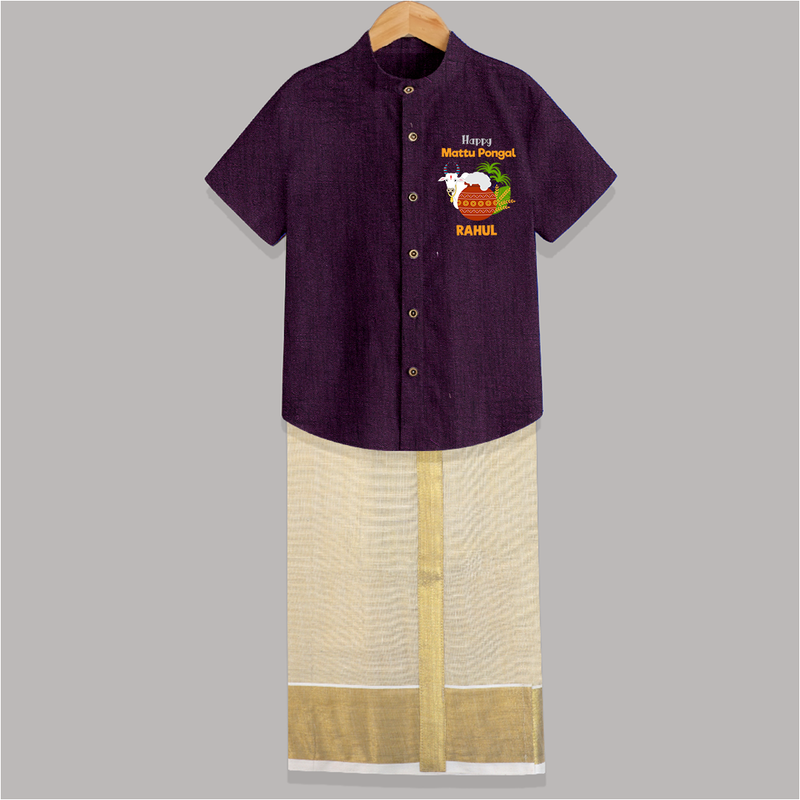 "Happy Mattu Pongal - Bull-Themed Customized Shirt and Dhoti for Boys with Name" - GRAPE - 0 - 6 Months Old (Chest-23") (Dhoti length-14")