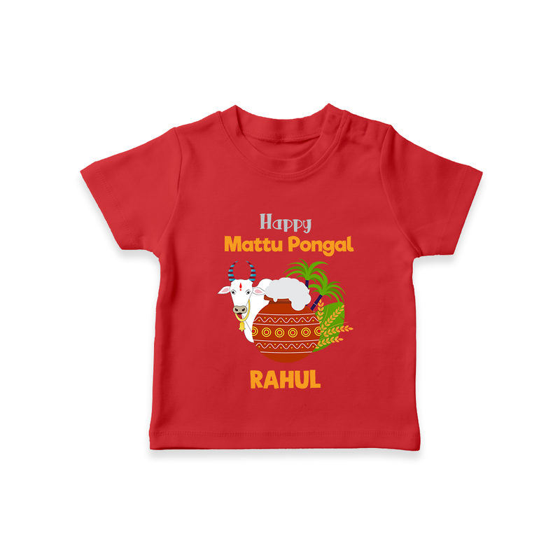 "Happy Mattu Pongal - Bull-Themed Customized T-shirt for Kids with Name" - RED - 0-5 Months Old (Chest 17")