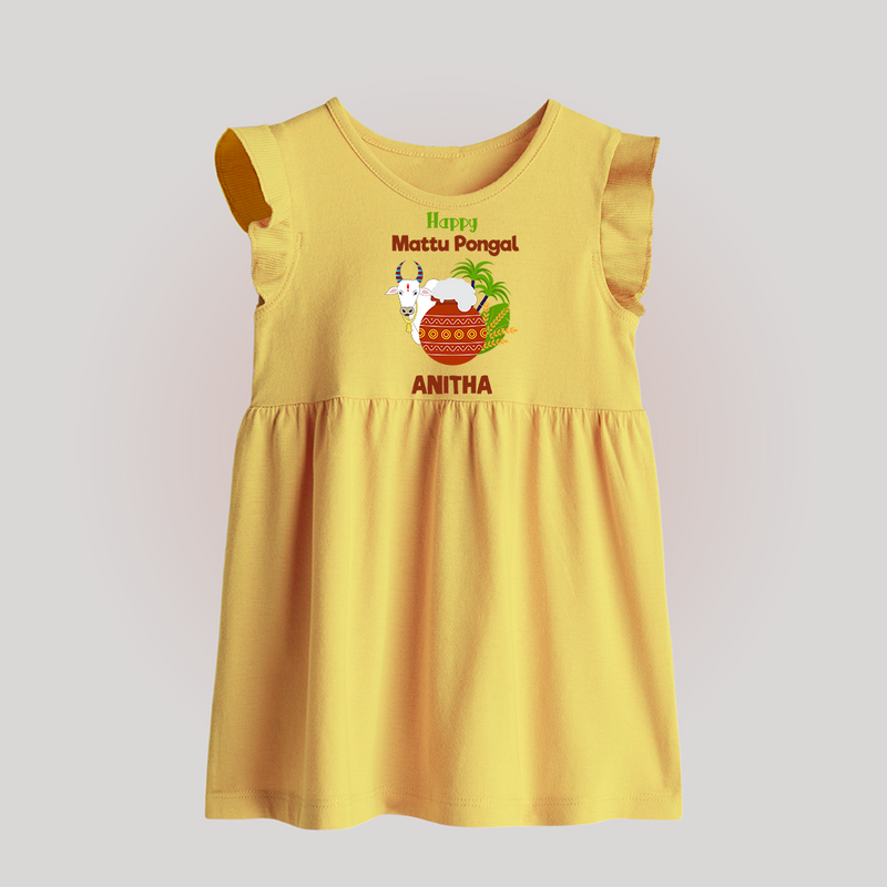 "Happy Mattu Pongal - Bull-Themed Customized Baby Frock for Babies with Name" - YELLOW - 0 - 3 Months Old (Chest 17")