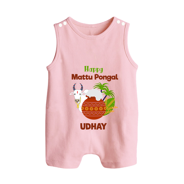 "Happy Mattu Pongal - Bull-Themed Customized Romper Suit for Babies with Name" - BABY PINK - 0 - 5 Months Old (Chest 18")