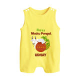 "Happy Mattu Pongal - Bull-Themed Customized Romper Suit for Babies with Name" - PASTEL YELLOW - 0 - 5 Months Old (Chest 18")