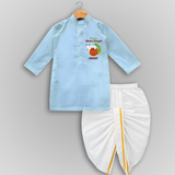 "Happy Mattu Pongal - Bull-Themed Customized Dropped Dhoti for Boys with Name" - SKY BLUE - 0 - 6 Month Old (Chest 24", Kurta Length 14" , Waist 19", Dhoti Length 14")