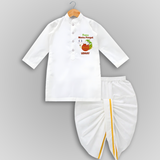 "Happy Mattu Pongal - Bull-Themed Customized Dropped Dhoti for Boys with Name" - WHITE - 0 - 6 Month Old (Chest 24", Kurta Length 14" , Waist 19", Dhoti Length 14")