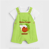 "Happy Mattu Pongal - Bull-Themed Customized Dungaree Set for Kids with Name" - GREEN - 0 - 5 Months Old (Chest 18")