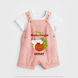 "Happy Mattu Pongal - Bull-Themed Customized Dungaree Set for Kids with Name" - PEACH - 0 - 5 Months Old (Chest 18")