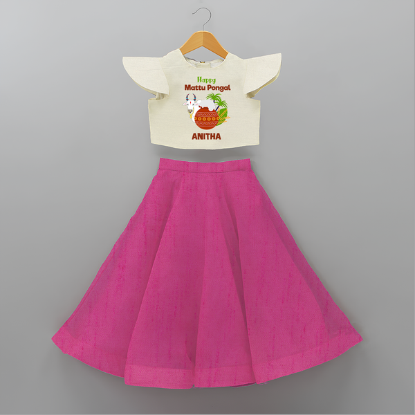 "Happy Mattu Pongal - Bull-Themed Customized Crop Top and Skirt for Girls with Name" - FUSCHIA - 6 - 9 Months Old (Chest 20" , Frock Waist 20")