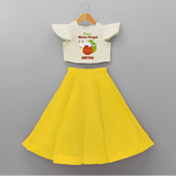 "Happy Mattu Pongal - Bull-Themed Customized Crop Top and Skirt for Girls with Name" - YELLOW - 6 - 9 Months Old (Chest 20" , Frock Waist 20")