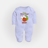 "Happy Mattu Pongal - Bull-Themed Customized Sleep Suit for Babies with Name" - BABY BLUE - New Born (Chest 7.5")