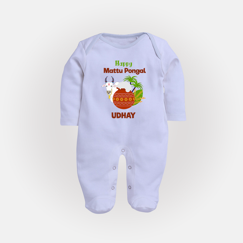 "Happy Mattu Pongal - Bull-Themed Customized Sleep Suit for Babies with Name" - BABY BLUE - New Born (Chest 7.5")