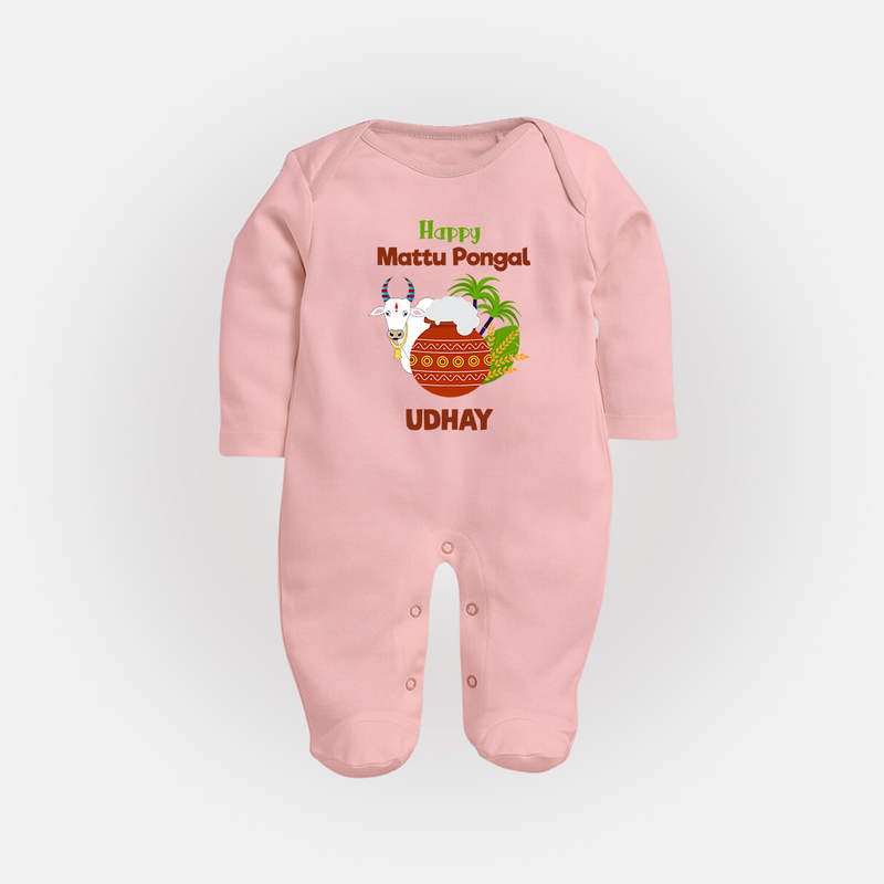 "Happy Mattu Pongal - Bull-Themed Customized Sleep Suit for Babies with Name" - BABY PINK - New Born (Chest 7.5")