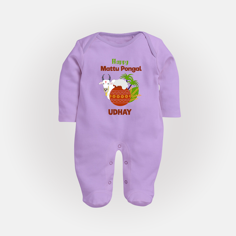 "Happy Mattu Pongal - Bull-Themed Customized Sleep Suit for Babies with Name" - LILAC - New Born (Chest 7.5")