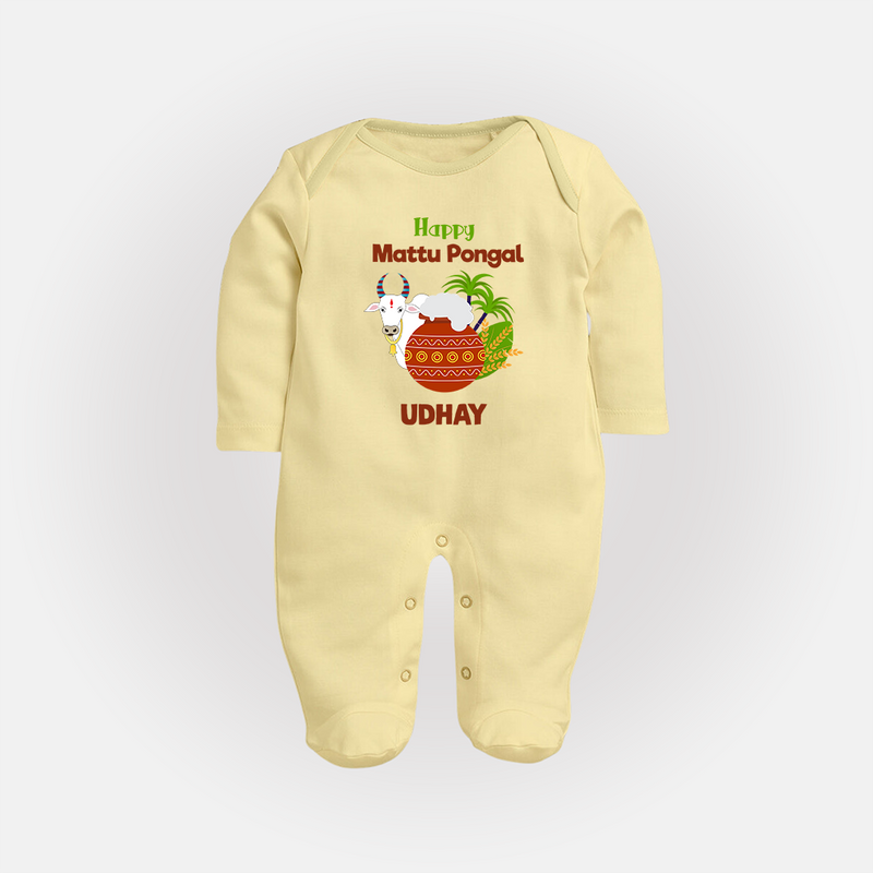 "Happy Mattu Pongal - Bull-Themed Customized Sleep Suit for Babies with Name" - PASTEL YELLOW - New Born (Chest 7.5")