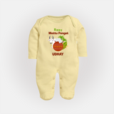 Happy Mattu Pongal  Kids Fullbody Suit – Custom Name Design - PASTEL YELLOW - New Born (Chest 7.5")