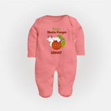 "Happy Mattu Pongal - Bull-Themed Customized Sleep Suit for Babies with Name" - PEACH - New Born (Chest 7.5")