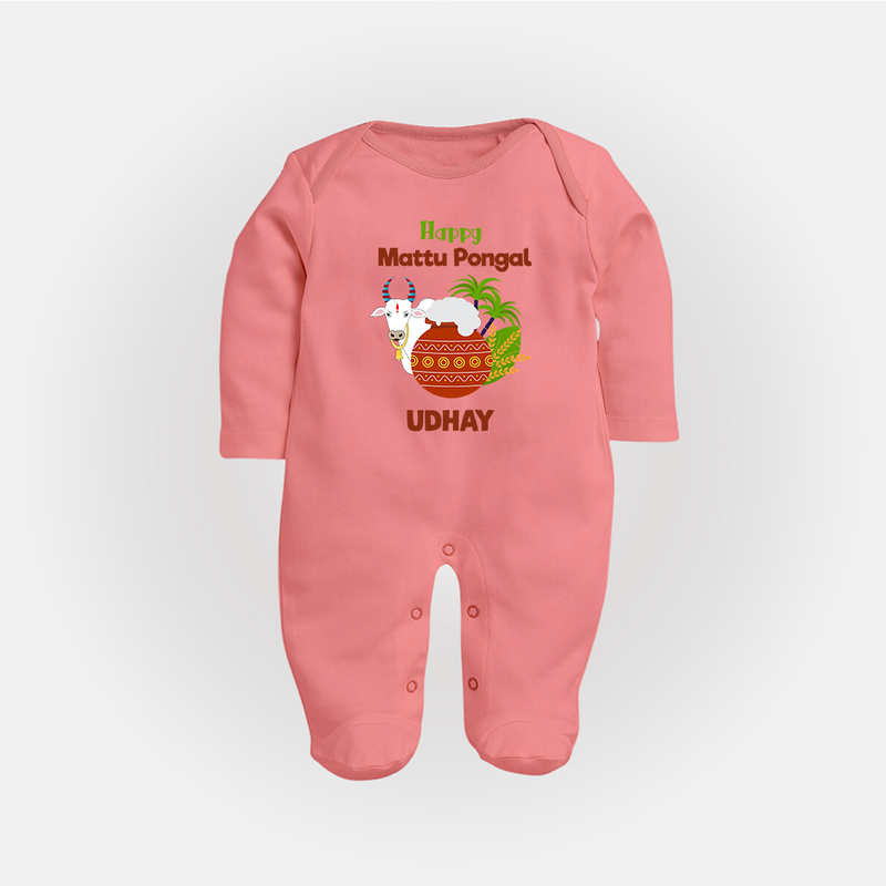 "Happy Mattu Pongal - Bull-Themed Customized Sleep Suit for Babies with Name" - PEACH - New Born (Chest 7.5")