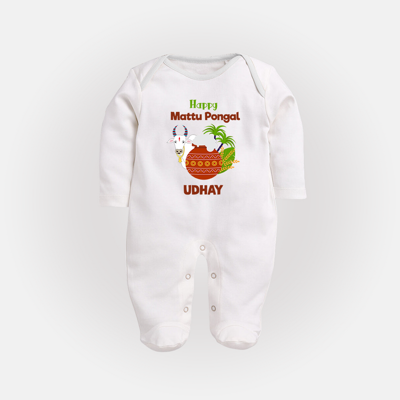 "Happy Mattu Pongal - Bull-Themed Customized Sleep Suit for Babies with Name" - WHITE - New Born (Chest 7.5")