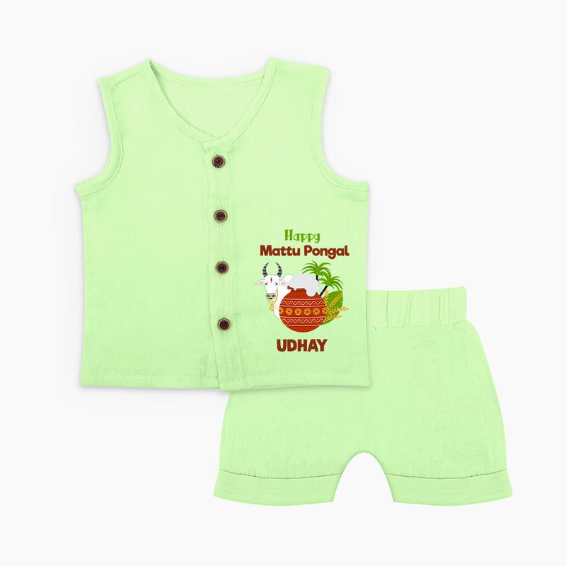 "Happy Mattu Pongal - Bull-Themed Customized Jabla Set For Babies With Name" - PASTEL GREEN - 0 - 3 Months Old (Chest 9.8")