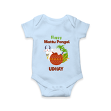 "Happy Mattu Pongal - Bull-Themed Customized Romper for Babies with Name" - BABY BLUE - 0 - 3 Months Old (Chest 16")