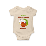 "Happy Mattu Pongal - Bull-Themed Customized Romper for Babies with Name" - IVORY - 0 - 3 Months Old (Chest 16")