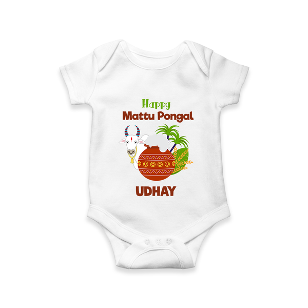 "Happy Mattu Pongal - Bull-Themed Customized Romper for Babies with Name" - WHITE - 0 - 3 Months Old (Chest 16")