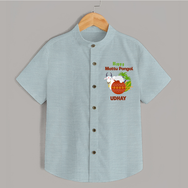 "Happy Mattu Pongal - Bull-Themed Customized Shirt for Boys with Name" - ARCTIC BLUE - 0 - 6 Months Old (Chest 23")