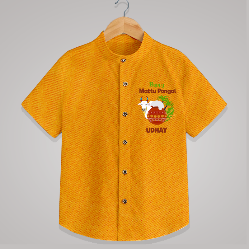 "Happy Mattu Pongal - Bull-Themed Customized Shirt for Boys with Name" - CHROME YELLOW - 0 - 6 Months Old (Chest 23")