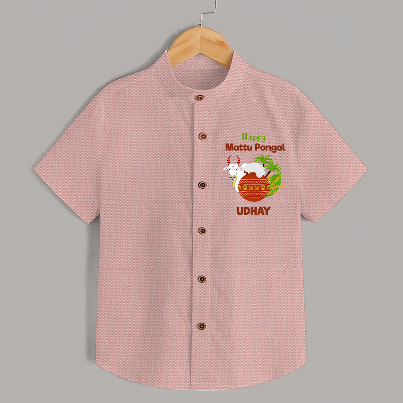 "Happy Mattu Pongal - Bull-Themed Customized Shirt for Boys with Name" - PEACH - 0 - 6 Months Old (Chest 23")