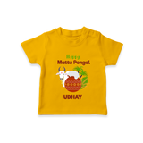 "Happy Mattu Pongal - Bull-Themed Customized T-shirt for Kids with Name" - CHROME YELLOW - 0-5 Months Old (Chest 17")