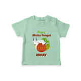 "Happy Mattu Pongal - Bull-Themed Customized T-shirt for Kids with Name" - MINT GREEN - 0-5 Months Old (Chest 17")