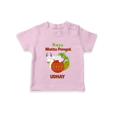 "Happy Mattu Pongal - Bull-Themed Customized T-shirt for Kids with Name" - PINK - 0-5 Months Old (Chest 17")