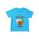 "Happy Mattu Pongal - Bull-Themed Customized T-shirt for Kids with Name" - SKY BLUE - 0-5 Months Old (Chest 17")