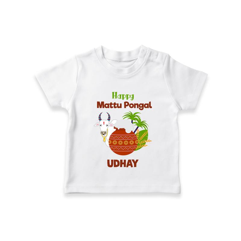 "Happy Mattu Pongal - Bull-Themed Customized T-shirt for Kids with Name" - WHITE - 0-5 Months Old (Chest 17")