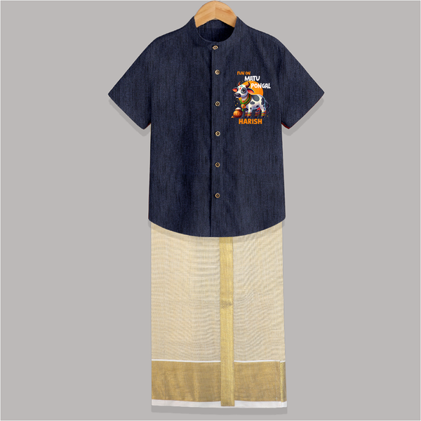 "Fun On for the Festival - Customized Shirt and Dhoti for Boys with Name" - DARK BLUE - 0 - 6 Months Old (Chest-23") (Dhoti length-14")