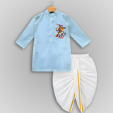 "Fun On for the Festival - Customized Dropped Dhoti for Boys with Name" - SKY BLUE - 0 - 6 Month Old (Chest 24", Kurta Length 14" , Waist 19", Dhoti Length 14")