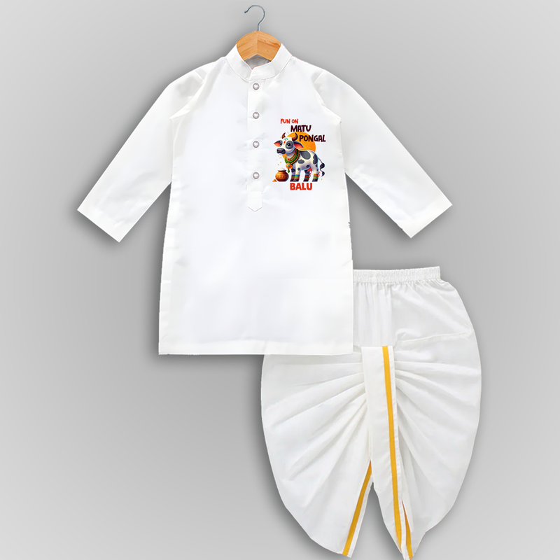 "Fun On for the Festival - Customized Dropped Dhoti for Boys with Name" - WHITE - 0 - 6 Month Old (Chest 24", Kurta Length 14" , Waist 19", Dhoti Length 14")