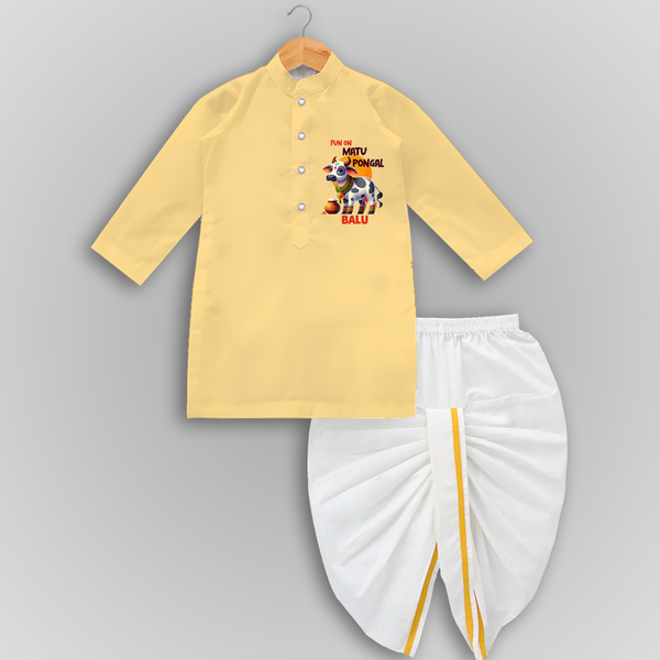 "Fun On for the Festival - Customized Dropped Dhoti for Boys with Name" - YELLOW - 0 - 6 Month Old (Chest 24", Kurta Length 14" , Waist 19", Dhoti Length 14")